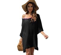 RPAEOY Damen Strandkleid mit Quasten Rüschen Baumwolle Sommer Strandponcho Boho Strandtunika Bikini Cover-Ups Strandurlaub Badeanzug Beachwear Sommerkleid Bademode Kurze Kleid (Schwarz)