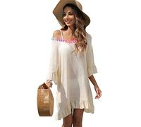 RPAEOY Damen Strandkleid mit Quasten Rüschen Baumwolle Sommer Strandponcho Boho Strandtunika Bikini Cover-Ups Strandurlaub Badeanzug Beachwear Sommerkleid Bademode Kurze Kleid (Beige)