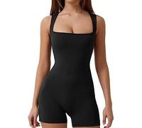 RPAEOY Jumpsuit Damen Kurz Ärmellose Quadratischer Ausschnitt Solide Farbe Sexy Unitard Bodysuit Slim Fit Einteiler Romper Casual Sommer Overalls Playsuit für Sports Yoga Fitness Schwarz L