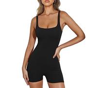 RPAEOY Jumpsuit Damen Kurz Eng Overall Quadratischer Ausschnitt Nahtlos One Piece Bodysuit Sommer Overalls Einteiler Yoga Workout Sport Stretch Romper Playsuit Schwarz M
