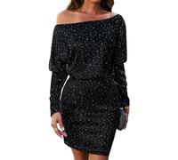 RPAEOY Kleid Damen Bodycon Pailletten Schulterfrei Langarm Sexy Kleid Eng Kurz Minikleid Retro Party Kleider Cocktailkleid Abendkleider Festkleid Herbst Schwarz M