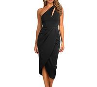 RPAEOY Kleid Damen One Shoulder Ärmellos Ausschneiden Geraffte Sexy Long Bodycon Cocktail Schulterfrei Enger Sommerkleid Partykleid mit Schlitz Freizeitkleid Pencilkleid Wickelkleid (Schwarz,M)