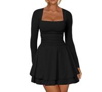 RPAEOY Kleid Damen Sexy Langarm Quadratischer Ausschnitt Minikleid Rüschen Eng Kurz Bodycon Elegant Cocktailkleid Abendkleider Partykleid (L)