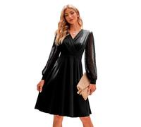 RPAEOY Kleid Damen Sexy Mesh Langarm V Ausschnitt Wickelkleid Elegant Cocktailkleid Casual Swing Skater Kleider Mini Abendkleider (Schwarz/L)
