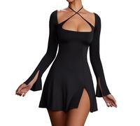 RPAEOY Kleider Damen Quadratischer Ausschnitt Überkreuzter Riemen Langarmkleid Sexy Bodycon Rückenfrei Cocktail Enger Partykleid mit Schlitz Minikleid Elegant Hohe Taille Festlich Party (Schwarz,S)