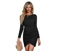 RPAEOY Kleider Damen Rundhalsausschnitt Langarmkleid Sexy Bodycon Überkreuzter Saum Cocktail Enger Partykleid Midikleid Elegant Hohe Taille Festlich Party (Schwarz,M)