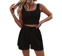 RPAEOY Schlafanzug Damen Zweiteiler Gerippt Spaghettiträger Ärmelloses Tank Tops und Hoch Taillierte Shorts mit Taschen 2 Teiler Sets Loung Pyjama Sommerkleidung Schwarz S
