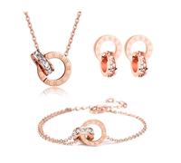 RPAEOY Schmuckset für Damen und Mädchen Zirkonia Edelstahl Römische Ziffern Kreis Anhänger Halskette Ohrringe Armband Set 18K Vergoldet Versilbert Schmuck Set Brautschmuck (Roségold)
