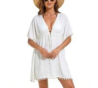 RPAEOY Strandkleid Damen Wickelkleid Tunika mit Quasten Sommerkleid Knielang Leicht Strandkleider Beach Kleid Luftig Strand Outfit Badebekleidung Pool Boho Sommer Beach Dress