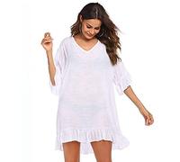 RPAEOY Damen Strandkleid Rüschen Baumwolle Sommer Strandponcho Boho Strandtunika Bikini Cover-Ups Strandurlaub Badeanzug Beachwear Sommerkleid Bademode Kurze Kleid (Weiß)