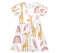RPLIFE Kurzärmeliges Kleid für Mädchen, Cartoon-Giraffen-Druck, Kleinkind, Sommerkleid, Spielkleidung für Kinder, 2T-8T Outfits, Niedliche Cartoon-Giraffen, weiß, 5-6 Jahre
