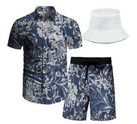 RPOVIG Beach Outfit Matching Shirts Shorts:Men's Hawaiian Festival Floral Clothes 2 piece Sets with Bucket Hat, Blau-Weiß, Large