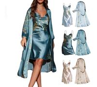 Rpporm Damen Morgenmantel mit Nachthemd Zweiteiliger Spaghettiträger Satin Set Morgenmantel Bride Bademantel Kurz Nachtwäsche Nachtkleid Sexy Dessous Negligee Kimono 2er Pack