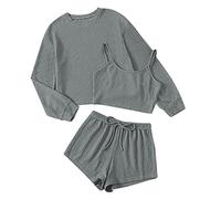 Rpporm Dessous Grosse Grössen Damen Damen-Pyjama-Pullover, lässig, Rundhalsausschnitt, Langarm, dreiteilig, lockeres Shorts-Set Mantel Ohne Ärmel Damen