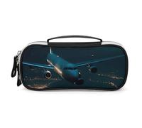 Rrtsmsgh Federmäppchen mit Flugzeug bei Nacht, großes Fassungsvermögen, kleine Make-up-Tasche aus PU-Leder mit Reißverschluss und Griff, tragbares Federmäppchen für Büro, Kosmetikaufbewahrung