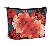 Rrtsmsgh Kosmetiktasche mit rotem Blumenmuster für Damen, tragbare Reise-Kulturbeutel, PU-Leder, Kosmetiktasche mit Reißverschluss