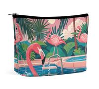 Rrtsmsgh Make-up-Tasche für Damen, Motiv: Flamingo und Schwimmbad, tragbare Reise-Kulturbeutel, PU-Leder, Kosmetiktasche mit Reißverschluss