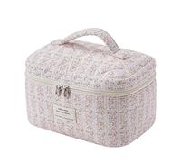 RSRSLEII Große gesteppte Make-up-Tasche für Damen und Mädchen, niedliche Kosmetiktasche mit Blumenmuster, aus Baumwolle, ästhetisch, organisierte Kulturbeutel für Reisen, 23 kleine rosa Blumen