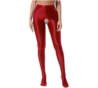 Rswnyirn Damen Öl Strumpfhosen Glänzende Wetlook Leggings Ouvert Schritt Offen Strümpfe Blickdicht Tanzstrumpfhose Silk Ballett Yoga Stockings Burgundy M