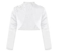 Rswnyirn Kinder Bolero Mädchen Festlich Jäckchen Satin Bolerojacke mit Blume Strickjacke Langarm zum Kommunionkleid Taufkleid Weiß gr.98-176 Weiß 170-176