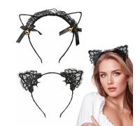 RT 2 Stück Katzenohren Haarreif, Cat Ears, Katzen Ohren Damen, für Halloween Karneval Party Maskerade Cosplay, Süß Frauen Spitze Haarschmuck Stirnband Kostümzubehör (Schwarz)