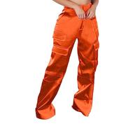 rtdgcv Damen Hose Schwarz Glanz Lässige, modische Damenhose mit Taschen, lässige, lockere, hoch sitzende, weiche, Bequeme Trainingsanzughose aus Satin 3/4 Hose Damen Freizeit (Orange, XL)