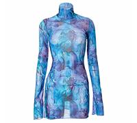 rtdgcv Damenkleid Elegant Festlich Damen-Mesh-bedrucktes Rundhals-Glocke-Hülsen-Seiten-geöffnetes Hüft-Kleid Schwarz Weißes Kleid