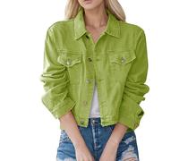 rtdgcv Jeansjacke Damen Kurz Damen Vintage Button-Down-Jeansjacke im Used-Look, kurze Denim-Jeansjacke mit Tasche Jeansjacke Hellgrau Damen Grüne Jacke Damen Damen Kurz geschnittene Jeansjacke