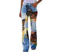 rtdgcv Mountainbike Hose Damen Schwarz Damen Bootcut Distressed Flared Denim Print Freizeithose Flower Print Faux Denim Jeans Hose Damen Sommer Stoff (H, XXL)