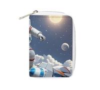 RTFGHJS Schöner violetter Schmetterlingskunst-Kartenhalter aus PU-Leder - schlanker, langlebiger Kreditkarten-Organizer für Damen und Herren, Lustiger Astronauten-Dinosaurier-Rakete, 16x11.5cm