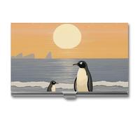 RTFGHJS Visitenkartenetui mit grünem Kleid, Metall, schlankes Namenskartenetui, Taschenkartenhalter für Damen oder Herren, Namenskarten-Broschüre für Profis, Führungskräfte, Zwei Pinguine Bilder