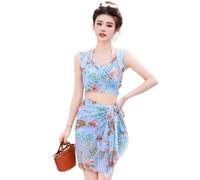 Ruarby Damen-Bikinis mit Blumendruck, bauchfreies Oberteil und Boyshorts, 3-teiliges Set, Blau