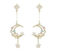 Rubu22a Mond-Nacht-Silber und -hängende lange Stern-Nadel-Ohrringe und Perlen-Tropfen-Ohrringe Ohrringe Ohrringe Perlen Silber 925 Set