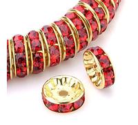 RUBYCA Rondelle Spacer-Perlen, rund, goldfarben, 8 mm, hell, Siam-Rot, 100 Stück