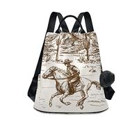 Rucksack für Damen, Motiv: Grunge Western Horse Anti-Diebstahl, Reisetasche, modischer Pompon-Rucksack zum Wandern, American Wild West Desert Cowboy