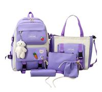 Rucksack und Tragetasche, 5-teiliges Schulset, Mädchen-Reisetaschen, kompletter Aufbewahrungs-Organizer, lustiges passendes Taschen-Set mit Münzetui für Grundschulklassen, violett, Refer to