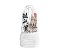 Rückenfreies Bodycon-Kleid mit chinesischem Buchstaben- und Tigerprint, geraffter Halter-Träger und Bindung