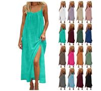 Rückenfreies Kleid Damen Sommerkleid Ärmellos Strandkleid Damen Leicht Trägerkleid mit Schlitz Bohemian Rückenfrei Spaghetti Sommerkleider mit Kordelzug Maxikleid Sommer (J-Mint Green, L)