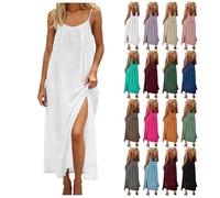 Rückenfreies Kleid Damen Sommerkleid Ärmellos Strandkleid Damen Leicht Trägerkleid mit Schlitz Bohemian Rückenfrei Spaghetti Sommerkleider mit Kordelzug Maxikleid Sommer Sommerkleid A (J-White, L)