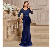 Rückwärtiges V-Ausschnitt Spitze Kontrast Samt Gerafftes drapiertes Vorderteil 3/4 Ärmel Abend Party formelles Kleid