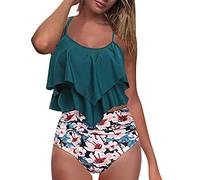 Rüschen Bikini Damen Set - Zweiteilig Badeanzug Damen High Waist Tankini Bauchweg Sexy Elegant Einfarbig/Drucken Bikinioberteile Leoparden Bikinihose Bademode Badeanzüge Bikini-Sets für Damen