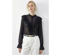 Rüschen-Mandarin-Kragen Langarm-Chiffonbluse S