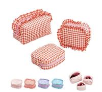 Rüschenbeutel, Kariertes, gestepptes Make-up-Taschenset for unterwegs, Mini-Kosmetiktaschen mit Rüschen(3Pcs Red)