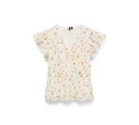 Rüschenbluse VERO MODA "VMSIV IVANA CS TOP WVN", Damen, Gr. S, bunt (snow weiß aop:ivana), Web, Obermaterial: 100% Baumwolle, bedruckt, normal, V-Ausschnitt, Blusen, Baumwolle (95956900-S) snow weiß a