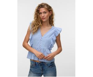 Rüschenbluse VERO MODA "VMVIDO SL TAPE TOP WVN", Damen, Gr. M, blau (brunnera blau), Web, Obermaterial: 90% Baumwolle, 10% Leinen, unifarben, normal, V-Ausschnitt, Blusen, Baumwollmischung (78261602-M