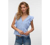 Rüschenbluse VERO MODA "VMVIDO SL TAPE TOP WVN", Damen, Gr. XS, brunnera blau, Web, Obermaterial: 90% Baumwolle, 10% Leinen, unifarben, normal, V-Ausschnitt, Blusen, Baumwollmischung (78261602-XS) bru