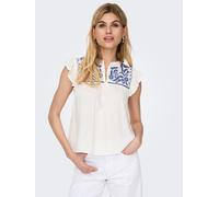 Rüschentop ONLY "ONLVESTINE S/S TOP WVN NOOS", Damen, Gr. XL, cloud dancer detail:blau emb, Web, Obermaterial: 100% Viskose, unifarben mit Farbeinsatz, loose fit normal, Rundhals, Tops Rüschentop, Vis