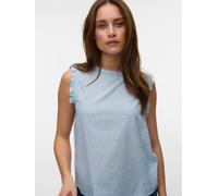 Rüschentop VERO MODA "VMTRINE SL TOP WVN NOOS", Damen, Gr. XS, cashmere blau, Web, Obermaterial: 100% Baumwolle, unifarben, normal, Rundhals, Tops Rüschentop, Baumwolle (26211449-XS) cashmere blau