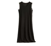 RUHANE Ärmellose Nachthemden für Damen, weiches Modal mit Fadenweste Kleid V-Ausschnitt Pyjama-Tops Spitze langes Nachthemd,Schwarz,L