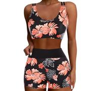 RUITOTP Tankini Damen 3 teilig Bauchweg Badeanzug,Sport Bademode,Push Up Bikini Oberteil Und High Waist Badeshorts Mit Taschen,Verstellbare Badebekleidung Schwimmanzug,Farbblock Strandmode